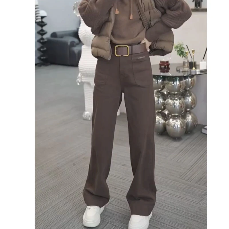 高腰窄版直筒牛仔裤女2024年春季新款大码胖mm宽松垂感阔腿长裤子