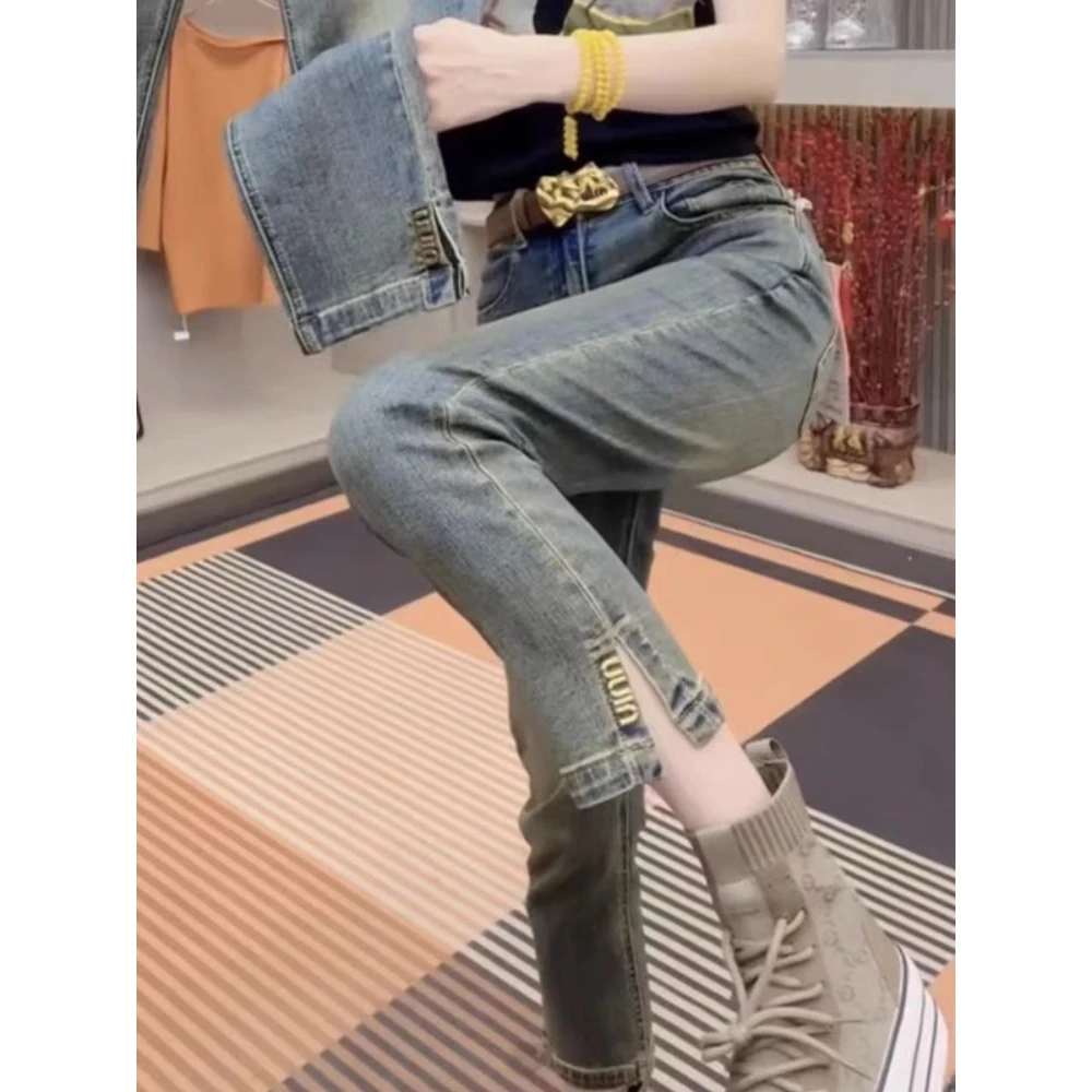 秋装大码开叉直筒牛仔裤女百搭新款胖妹妹mm显瘦洋气九分烟管裤子