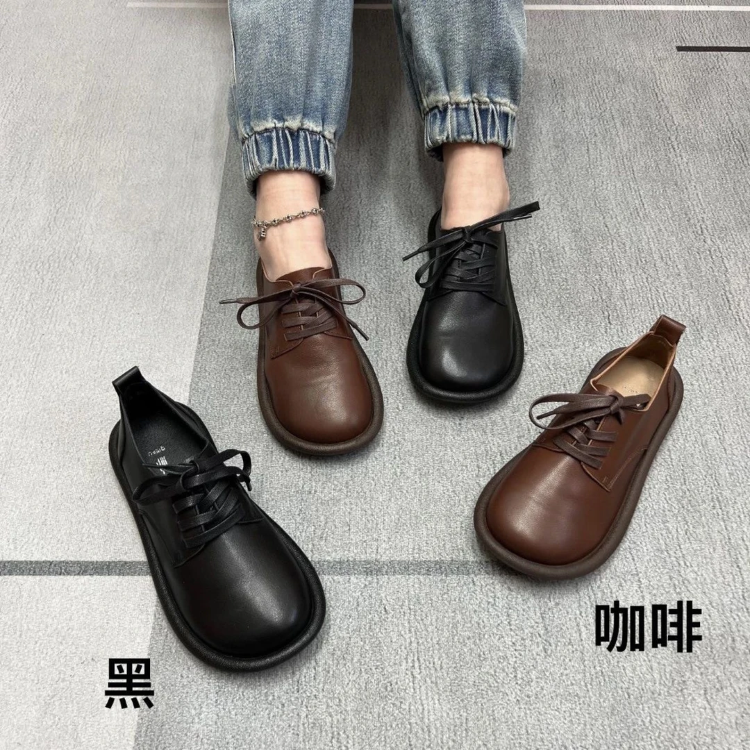 2025-8圆头平跟软底前系带皮鞋女单鞋休闲舒适百搭四季款英伦风