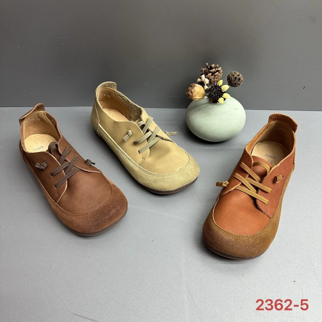 2362-5 复古头层牛皮手工2024年新款软底软面舒适真皮系带单鞋女