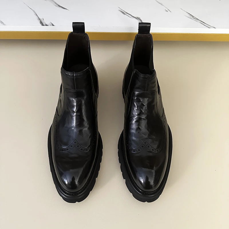 秋冬保暖新款男士英伦手抓纹高帮切尔西短靴复古时尚休闲商务款