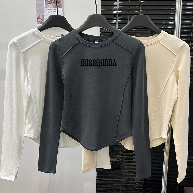 92%棉大码新款秋季字母印花百搭显瘦短款修身圆领韩版胖MM上衣潮