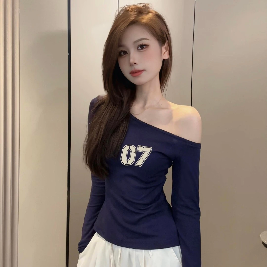 92%棉简约美式数字印花斜肩小众洋气长袖t恤气质露肩修身显瘦上衣