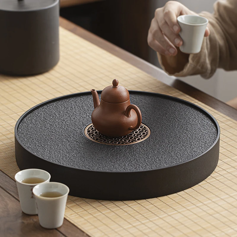 圆形乌金石茶盘小型2024新款功夫茶干泡台储水式家用小茶台茶托盘