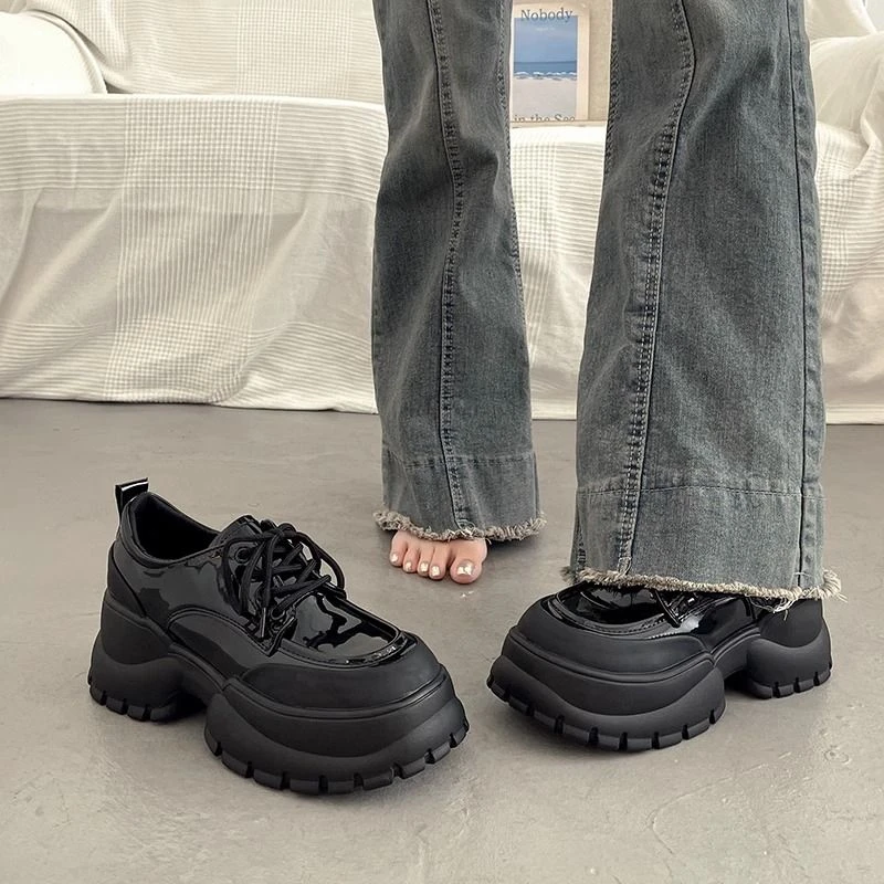 2025英伦风法式厚底增高小皮鞋女秋季深口单鞋新款黑色松糕乐福鞋