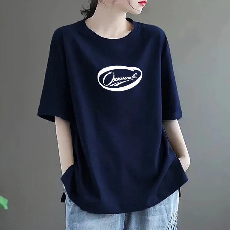 100%棉短袖T恤女夏季大码美式复古设计宽松减龄显瘦时尚印花上衣