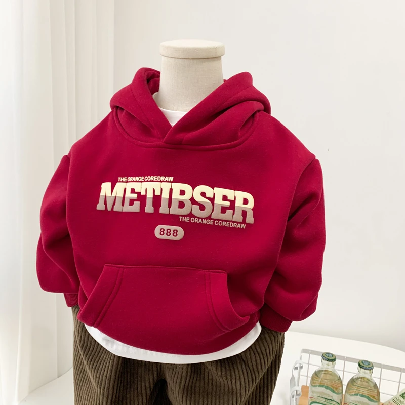 男童连帽卫衣加绒加厚2025新款儿童韩版喜庆洋气新年红色套头衫潮