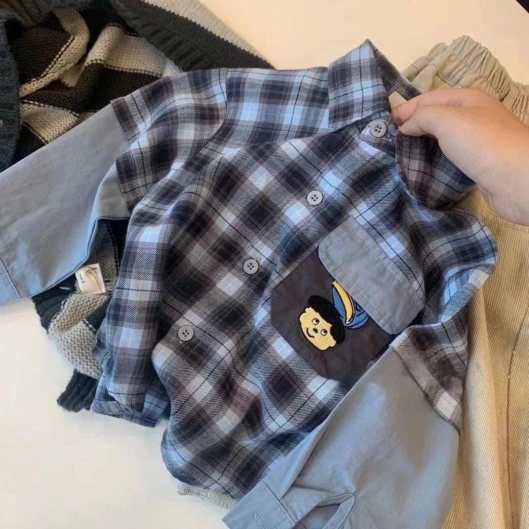 韩系格子~男童长袖衬衫2024春秋新款儿童酷帅时髦卡通拼接衬衣潮