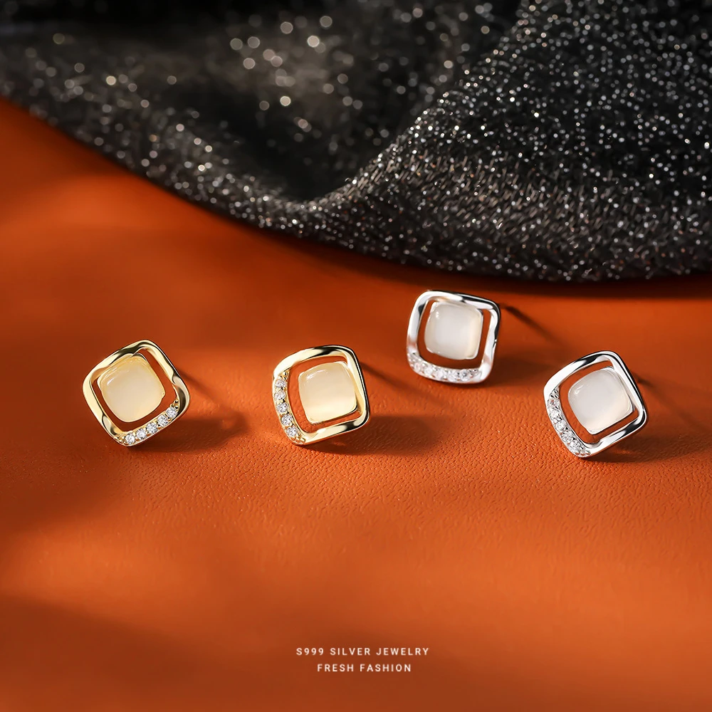 足银合成锆石耳饰 方形耳钉女几何轻奢高级感小众设计微镶锆耳饰