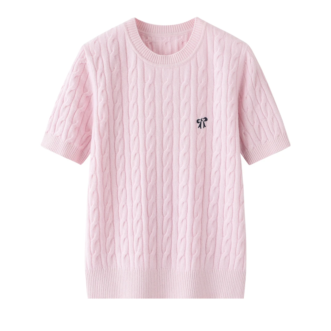 绒心羊绒小山羊绒圆领麻花蝴蝶结女半袖针织时尚休闲百搭