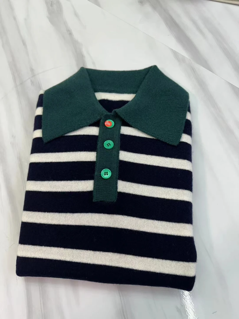 纯羊绒小翻领夹条女套衫