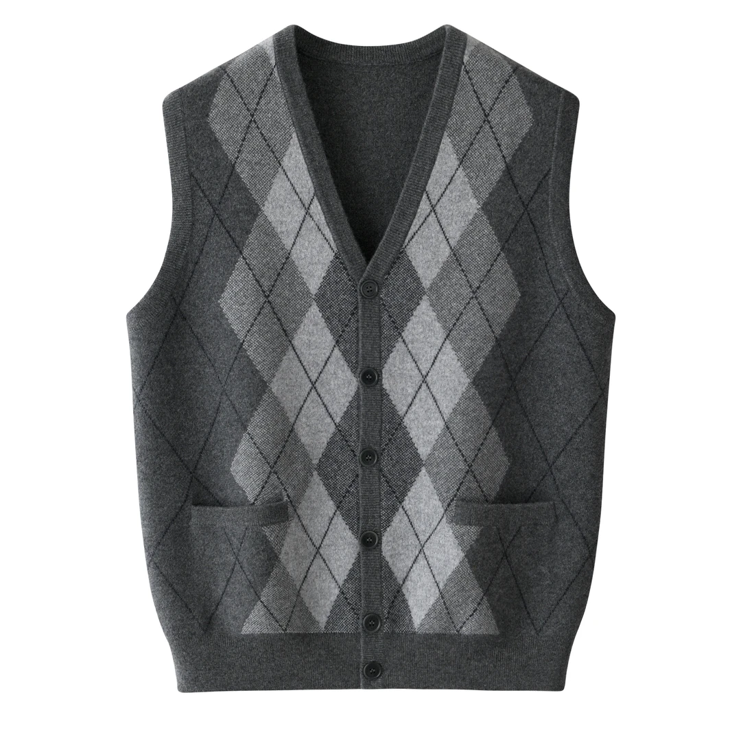 绒心羊绒V领菱格双提男开背心男士针织时尚休闲格子秋冬
