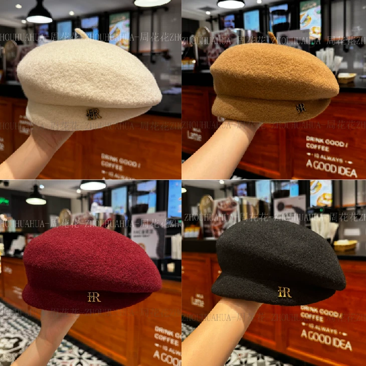 高品质羊毛呢贝雷帽女秋冬2024新款大头围百搭纯色显脸小画家帽子