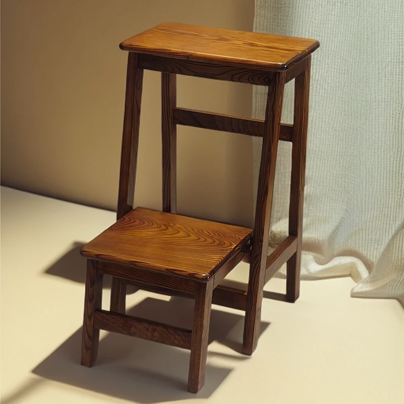 新中式简约原木家用书房客厅多功能折叠梯凳置物架