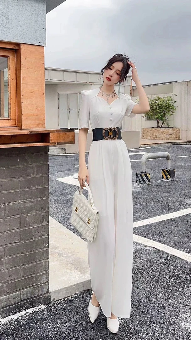 显瘦气质高腰时尚夏季阔腿连体裤女装白色洋气法式名媛61066休闲