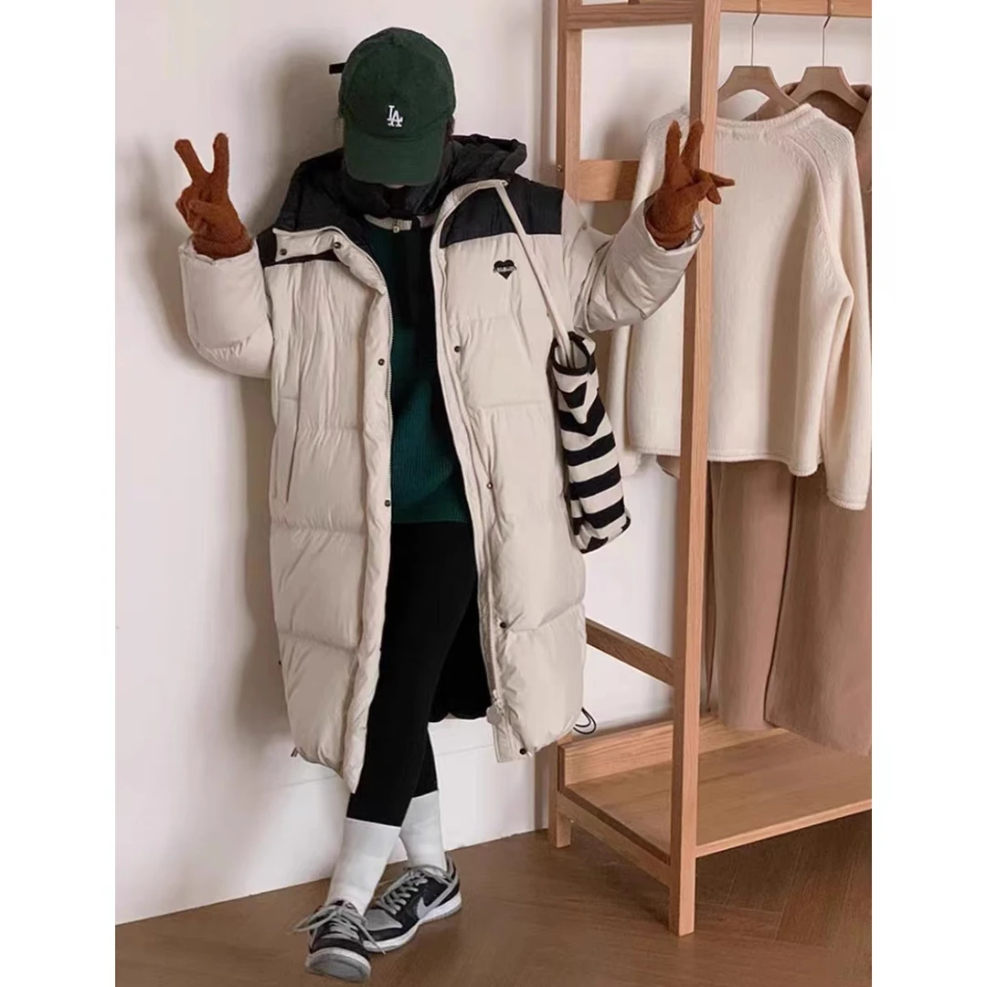 小静折扣~A633L   连帽撞色字母袖口中长款羽绒服  （卡码拍大）