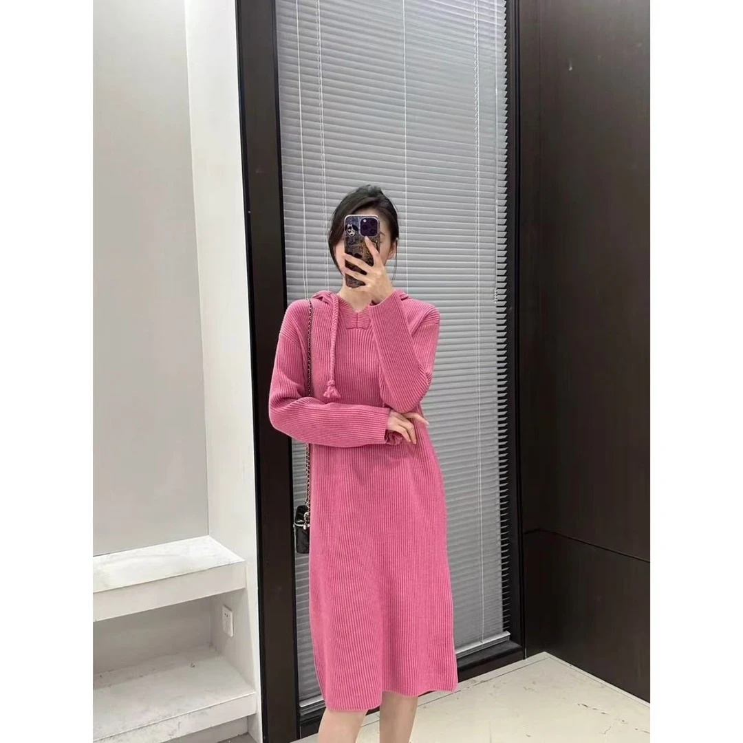 小静折扣~NA1429P  连帽抽绳加厚直筒宽松针织连衣裙 （卡码拍大）