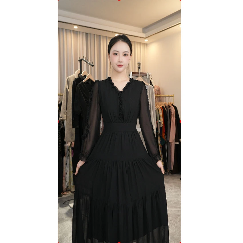 L097 高档简约V领连衣裙2024年秋季新款女装收腰显瘦中长款连衣裙