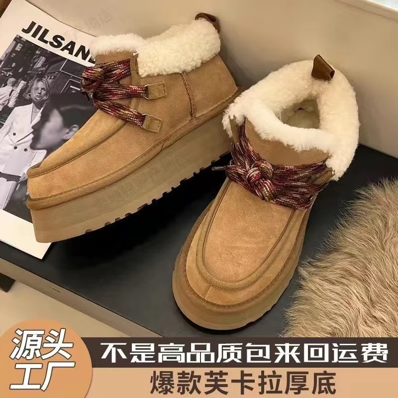 桑坡芙卡拉雪地靴爆款系带厚底外穿加厚百搭防滑保暖冬季新款棉鞋