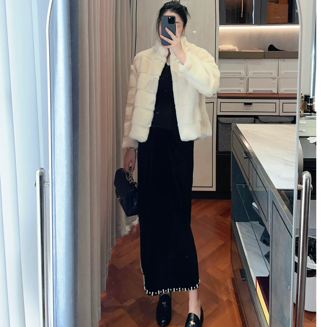 2024秋冬钉珠垂感遮胯中长松紧直筒包半身裙