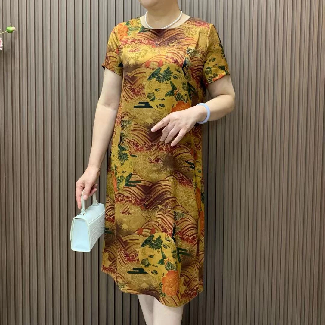 夏季时尚洋气气质宽松印花遮肚显瘦圆领中老年中长款妈妈装连衣裙
