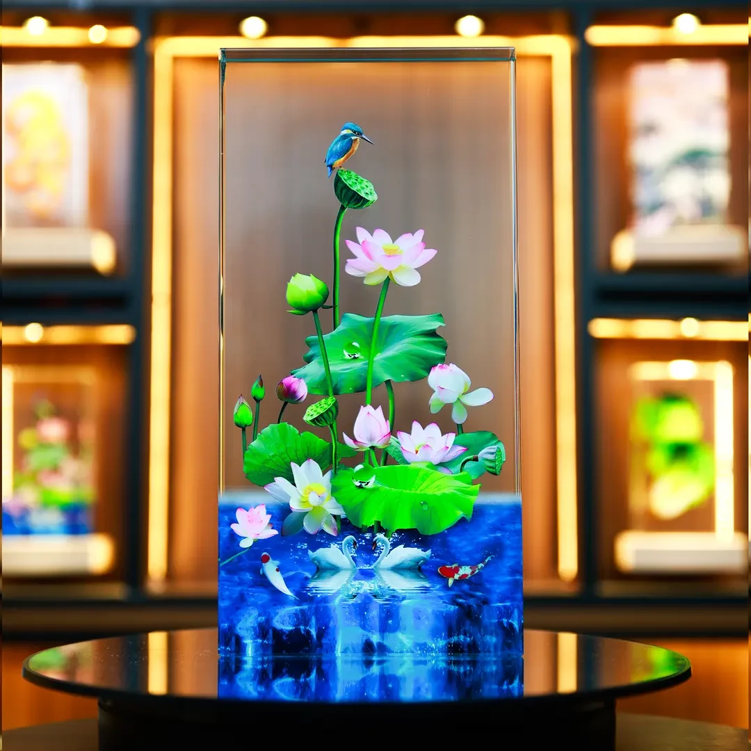 【内雕荷花】水晶摆件观赏造景当代人造水晶艺术品精美创意手工艺