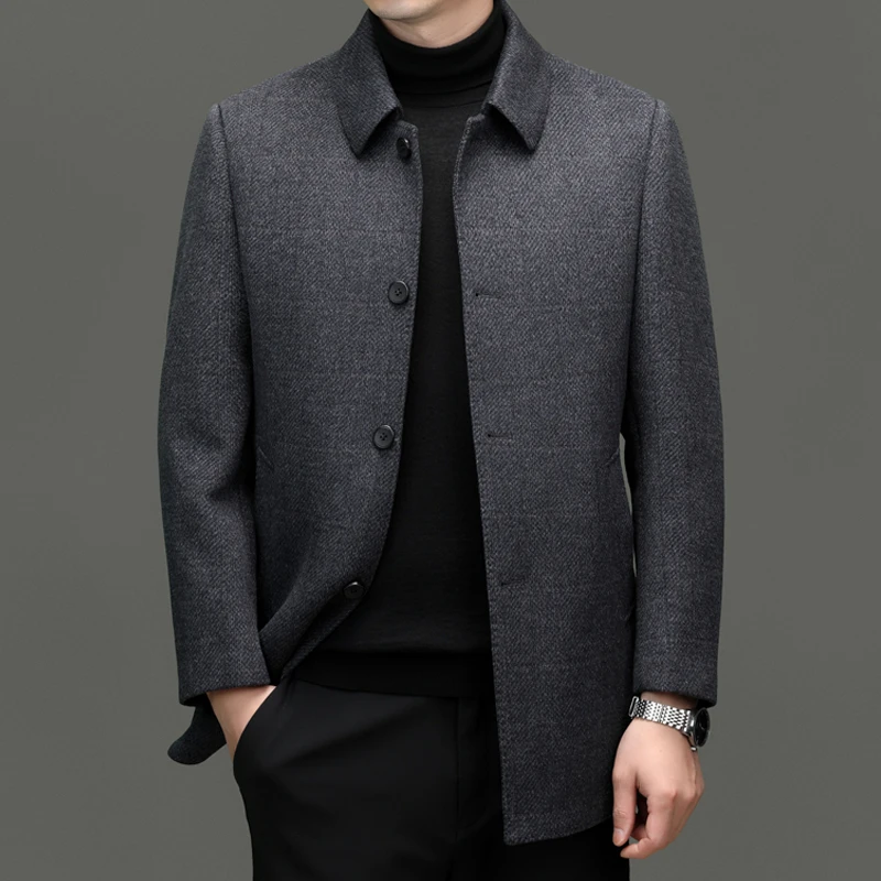 【轻奢羊毛夹克】中年男士秋冬加厚羊毛呢中长款可拆卸内胆外套