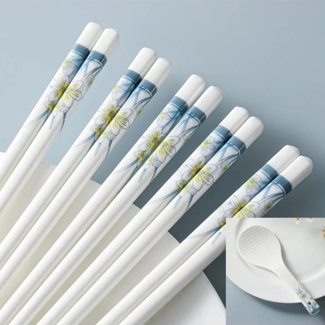 水仙花骨瓷筷子10双+饭勺 不带礼盒 破损联系客服