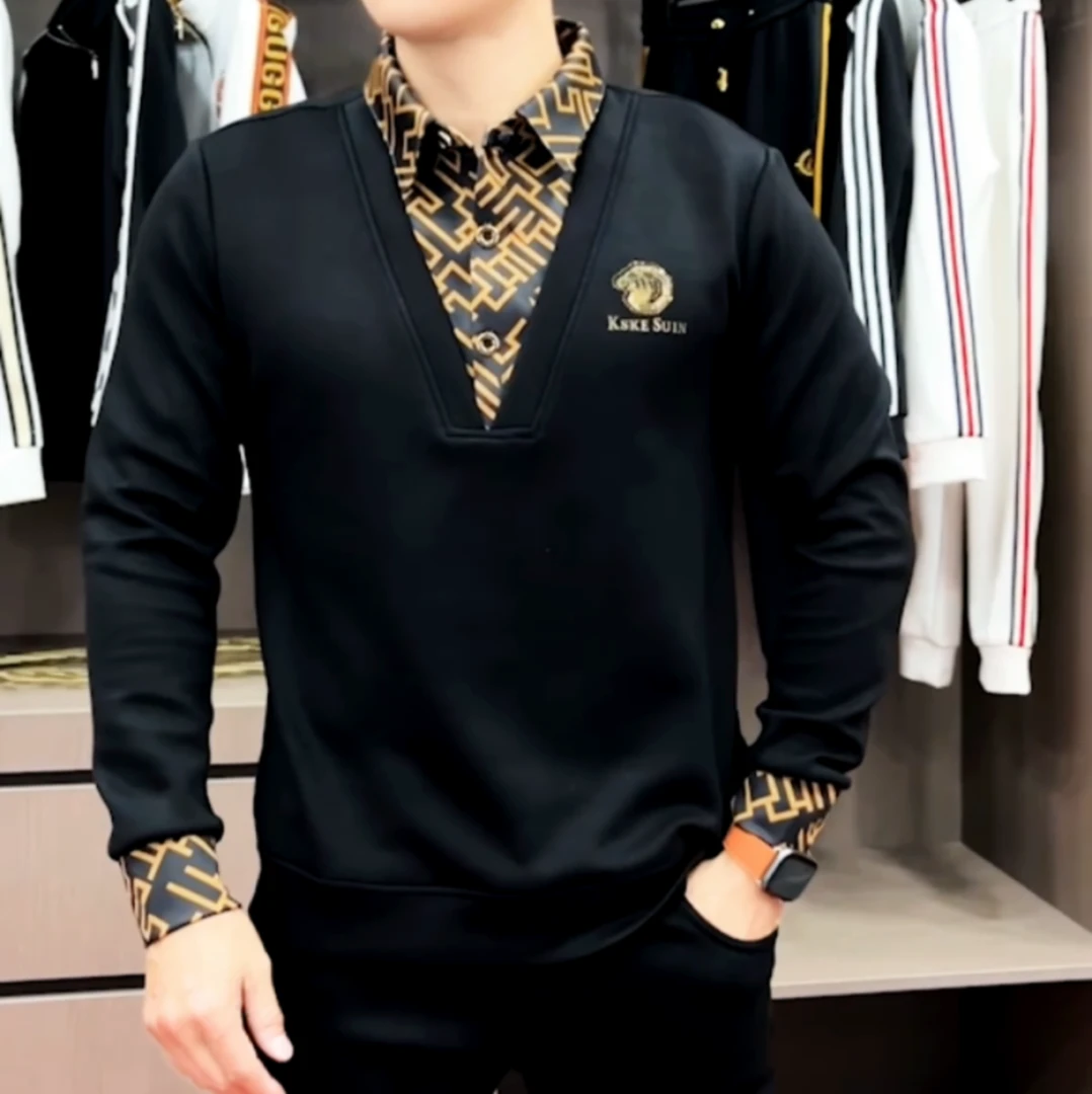 2024冬季金色假两件商务男士百搭潮流修身翻领保暖卫衣