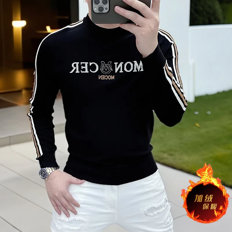 2024秋冬M织带刺绣加绒加厚男士百搭潮流修身肌理感半高领卫衣