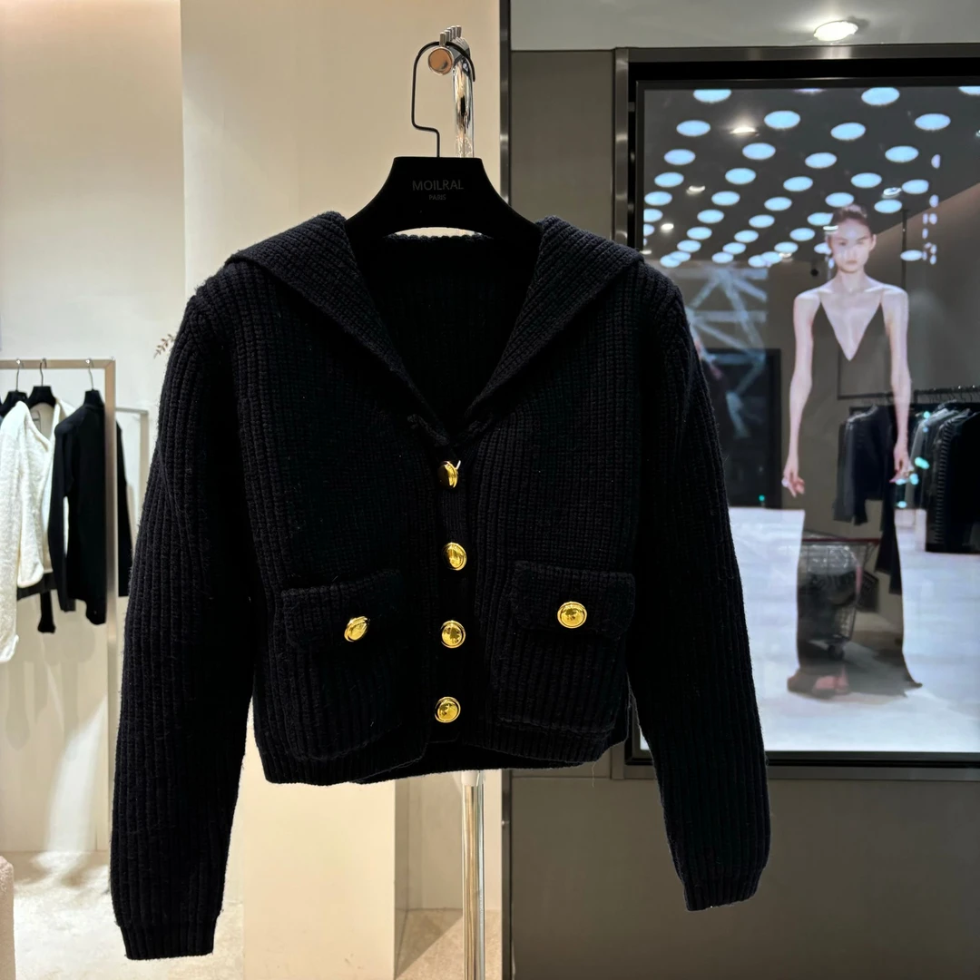 【耀杨专属】海军风单排扣长袖针织衫女秋冬新款短款毛衣0605