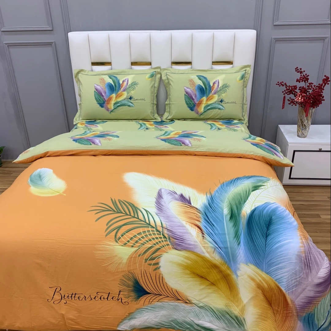 一家家纺被套床上用品全棉加厚四件套羽翼纷飞桔床单