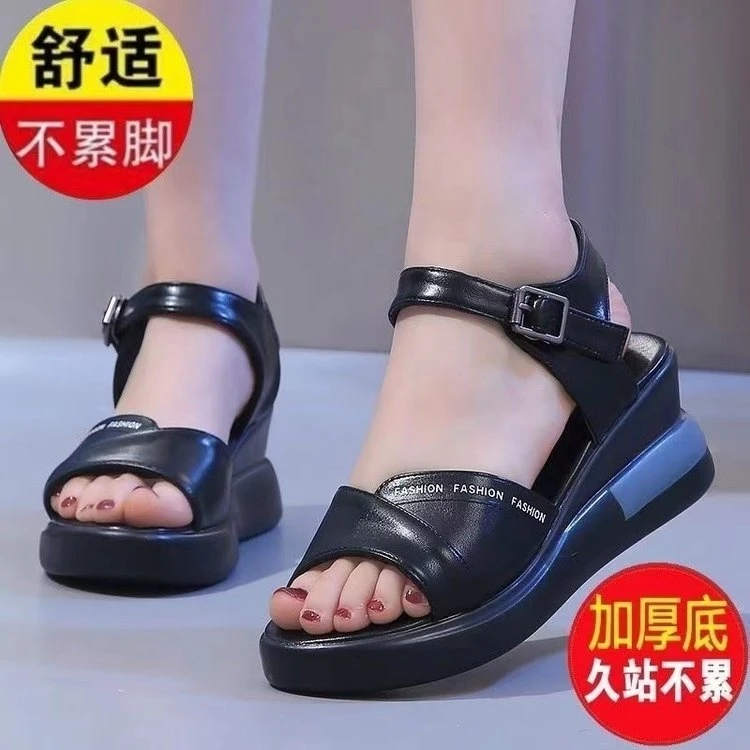2024年新款厚底坡跟凉鞋女夏季软皮轻便松糕女鞋百搭增高沙滩凉鞋