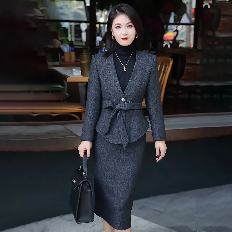 A1021冬季高定显瘦气质修身名媛职业套装绵羊毛女西装套装女正装