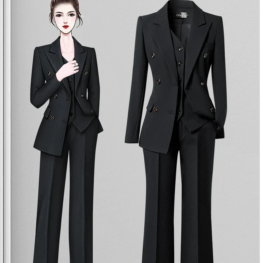 X5017黑色西服外套女秋冬职业套装气质干练西装马甲三件套阔腿裤G