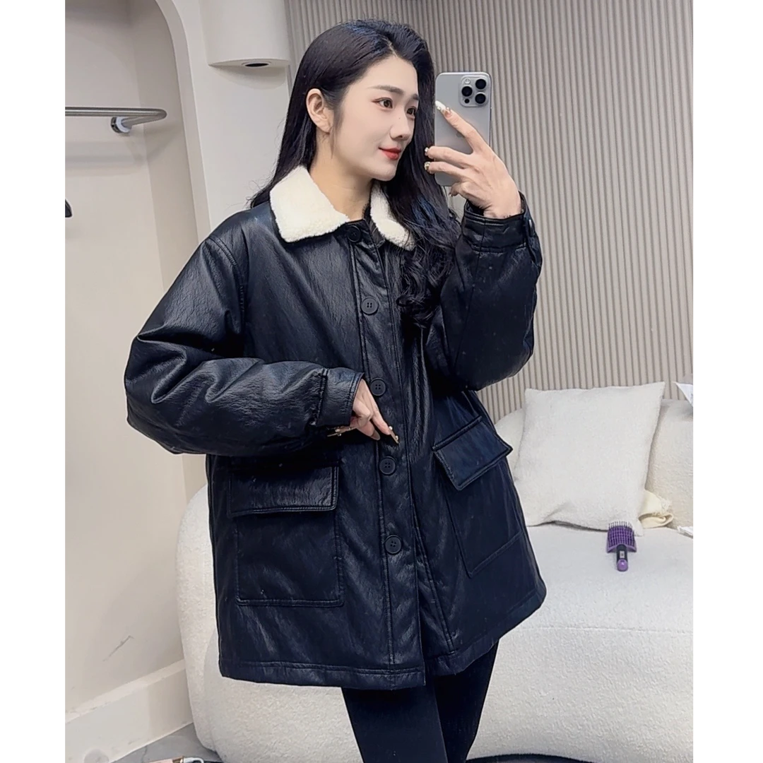 2024冬季韩版休闲宽松翻领单排扣加棉皮衣