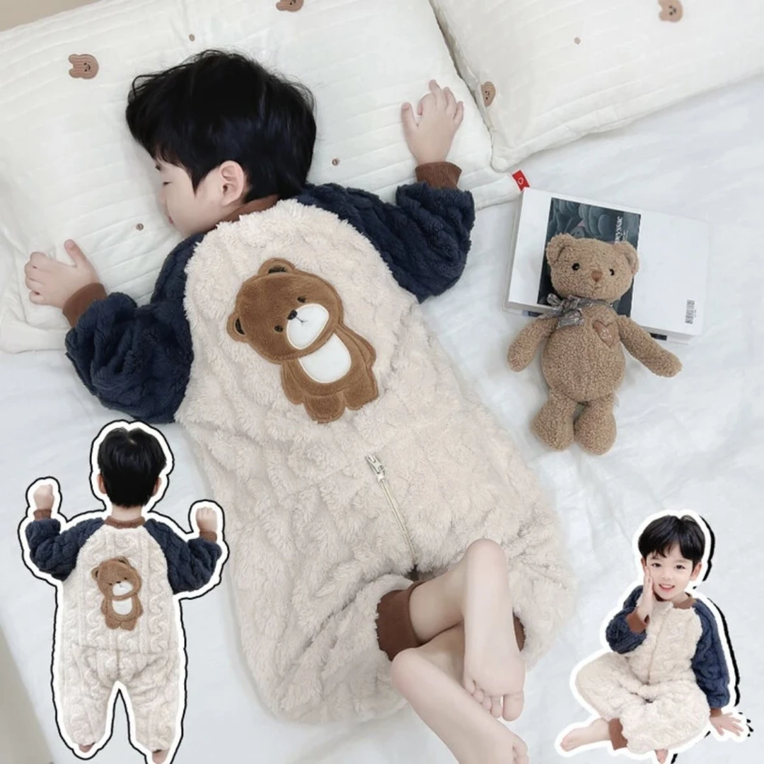儿童连体睡衣秋冬季法兰绒男童加厚款可爱婴儿宝宝珊瑚绒防踢睡袋