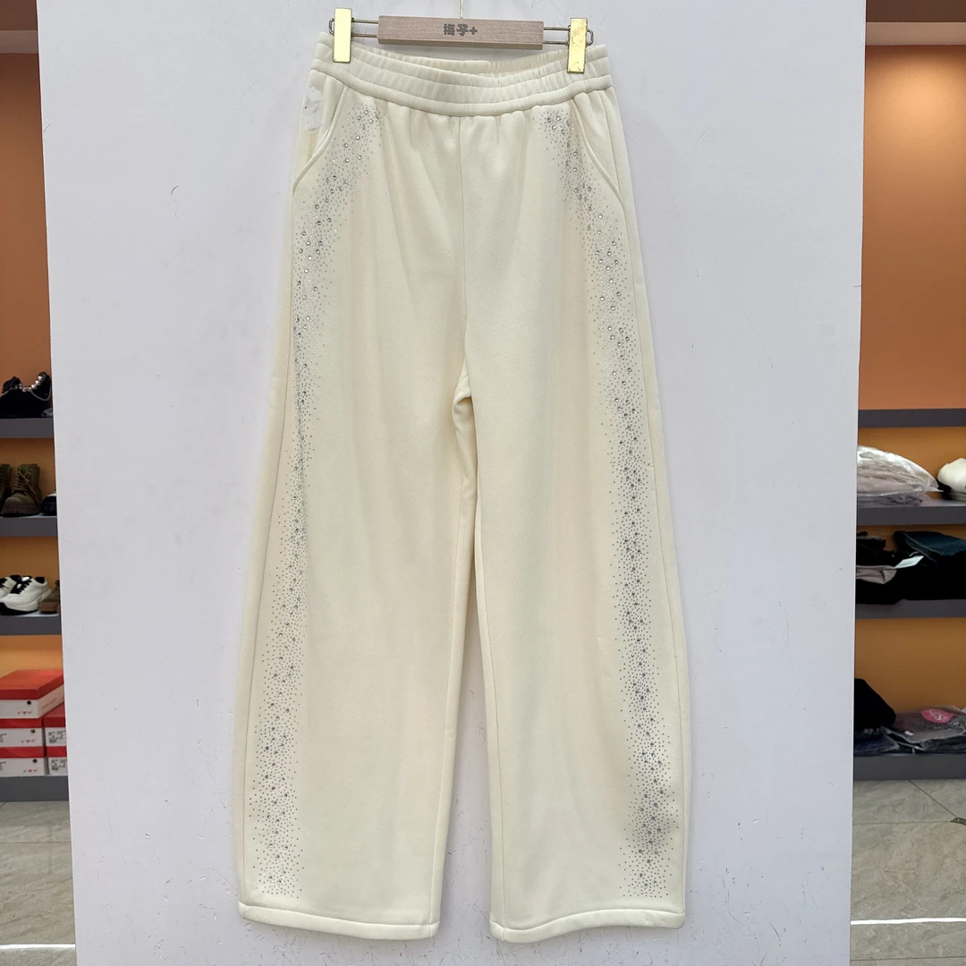 61867冬季新款女装重工烫钻松紧腰抽绳直筒保暖休闲裤爆款