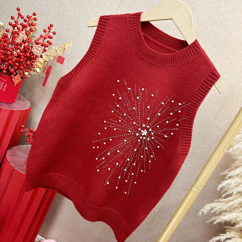 红色2026新年马夹国潮风钉珠提花无袖宽松毛衣女针织背心马甲叠穿