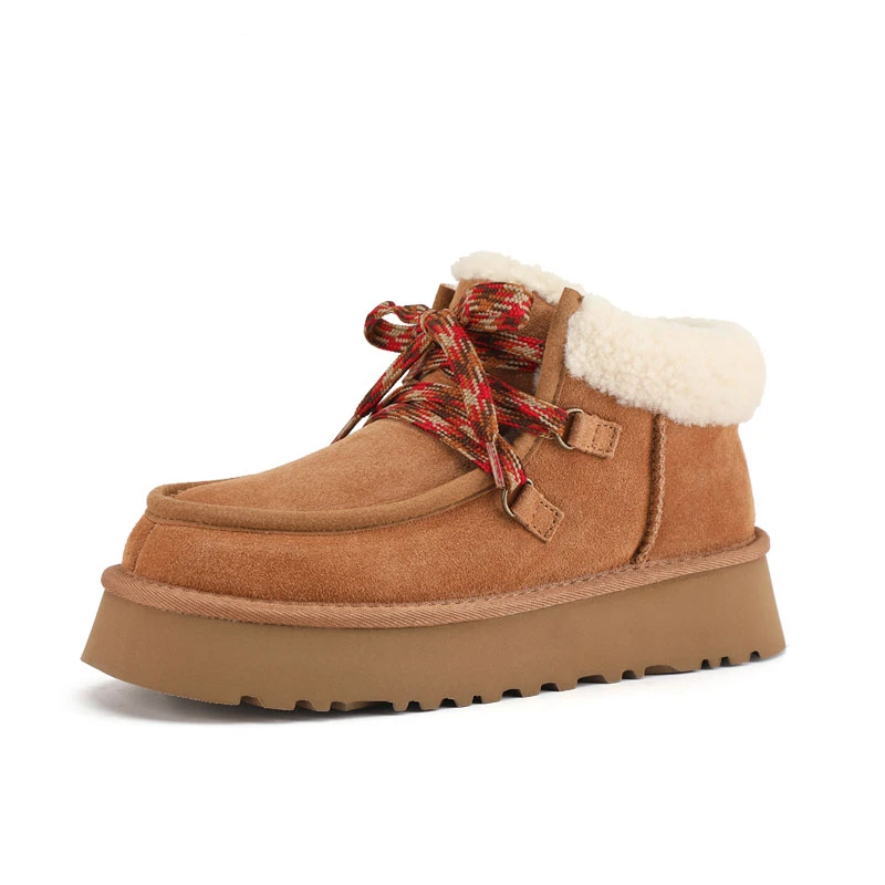 2024冬季新款芙卡拉时尚舒适厚底保暖系带休闲真皮百搭雪地靴.