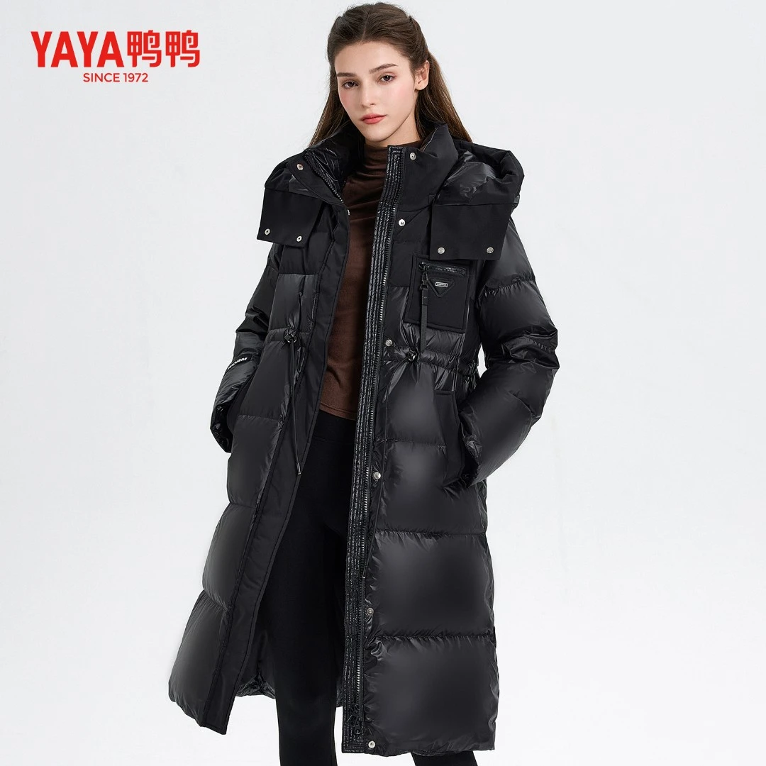 YAYA/鸭鸭2023白鸭绒过膝加厚时尚保暖90羽绒服长款白鸭绒羽绒服
