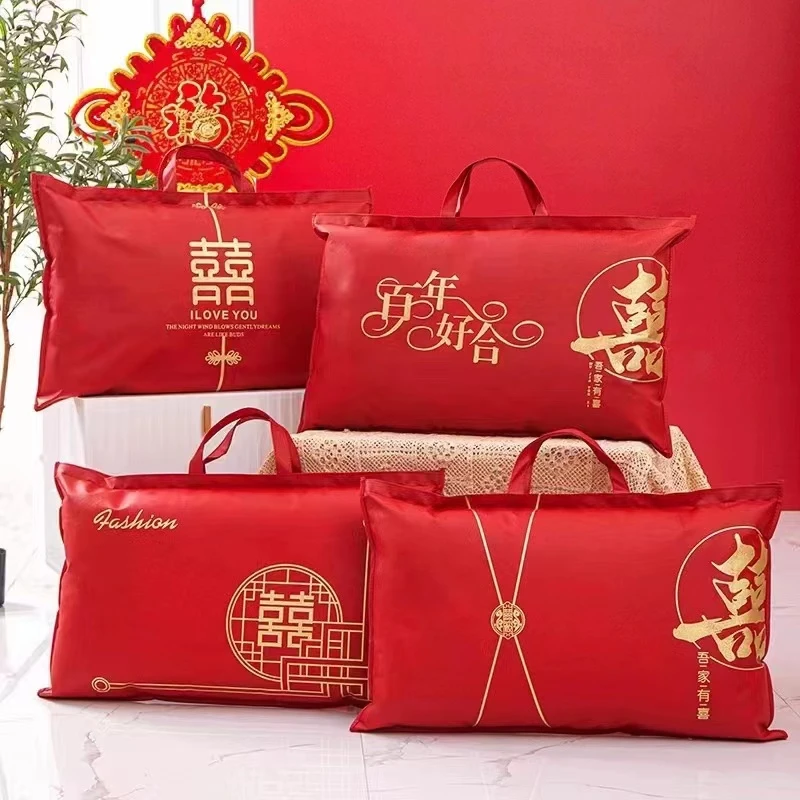 陪嫁装枕头包装袋结婚枕芯收纳袋大红色喜庆手提婚庆加厚中式袋子