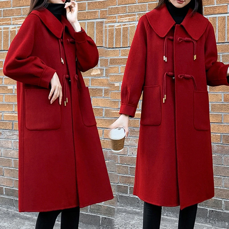 大码女装红色毛呢外套胖mm200斤韩版宽松娃娃领牛角扣呢子大衣冬
