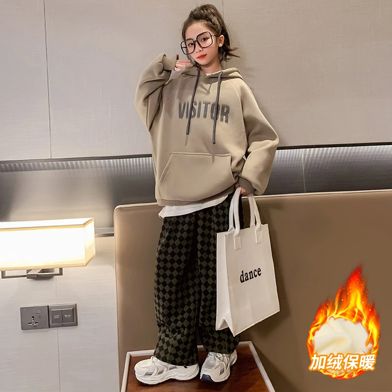 女童加绒卫衣2022新款洋气大童韩范潮流套头秋冬连帽加厚休闲上衣