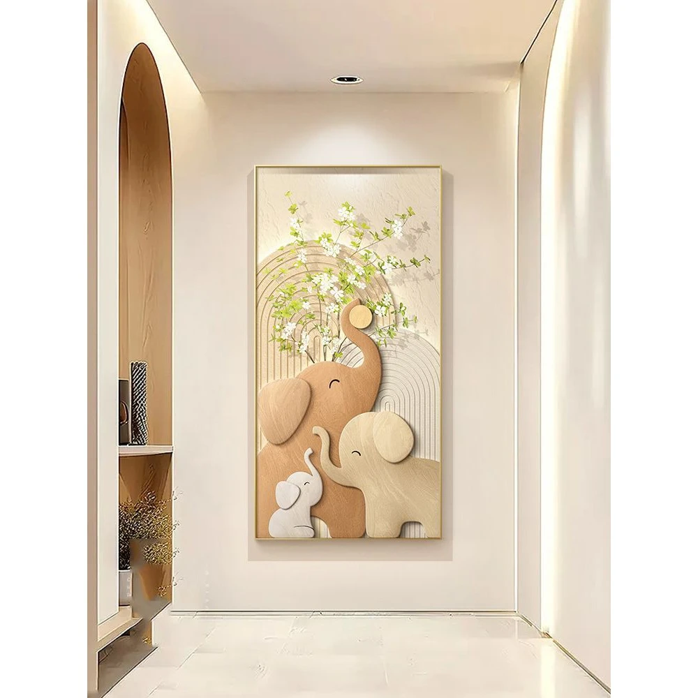 大象入户玄关装饰画现代轻奢进门正对门挂画竖版墙壁画一家三口