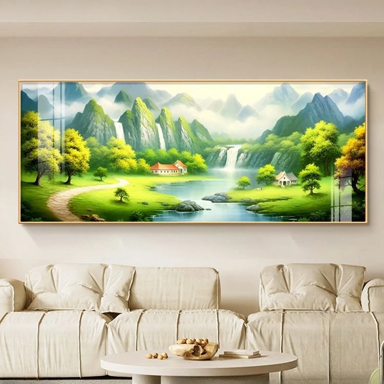 高山流水聚宝盆客厅装饰画绿水青山沙发背景墙壁画山水风景挂画
