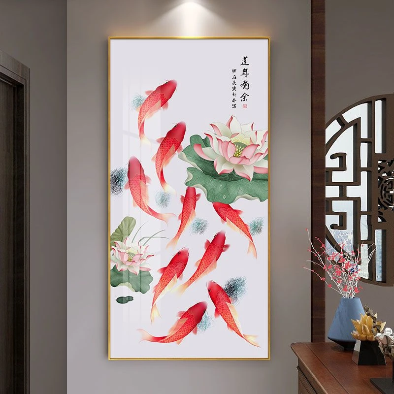 九鱼图玄关装饰画竖版寓意好新中式挂画入户门聚财过走廊尽头壁画