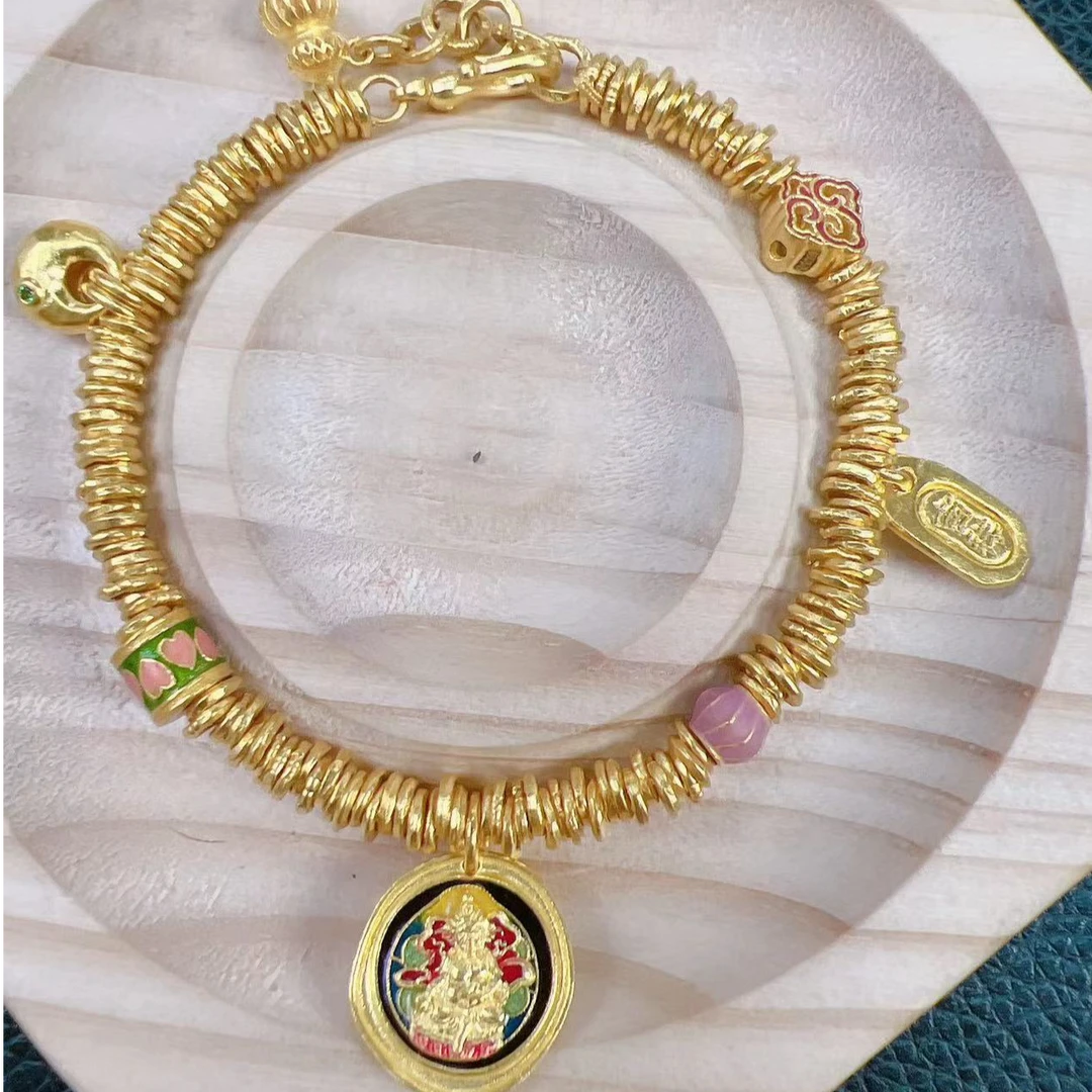 足金999 卡4盘缠黄财神桶珠手链15手围 29.98克