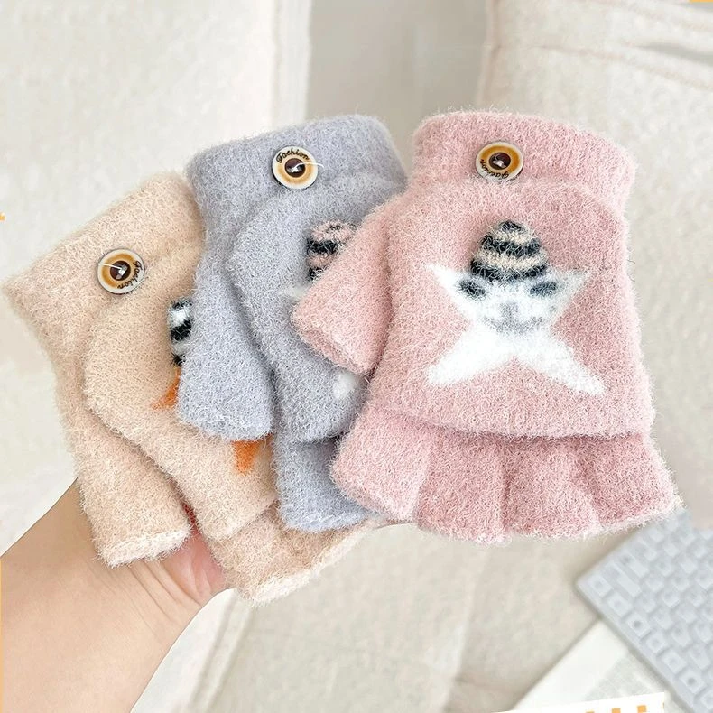 儿童手套秋冬季男女童写字可爱保暖半指卡通翻盖小孩宝宝针织手套