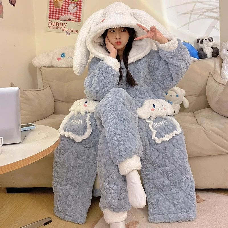 睡袍女长款冬季天珊瑚绒三层夹棉睡衣加绒加厚保暖可爱家居服套装